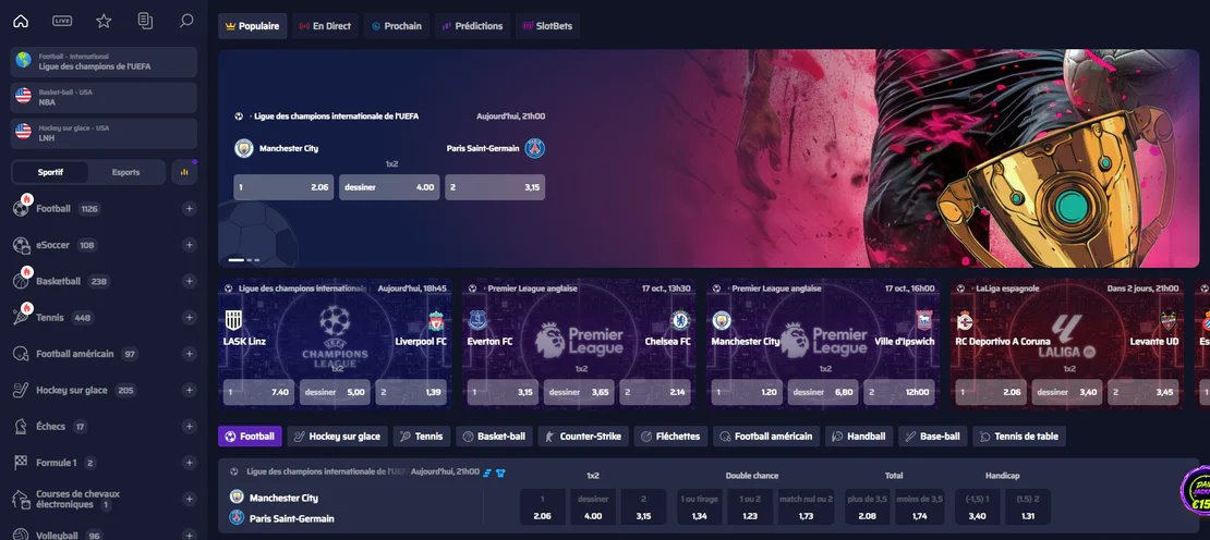Betory Casino paris sportifs avec matchs de football en Ligue des champions et Premier League, cotes des rencontres, paris en direct et différentes disciplines sportives